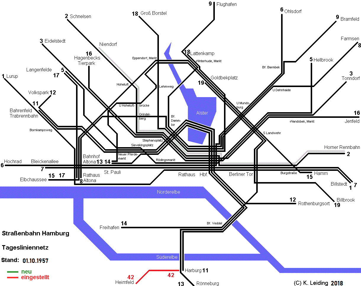 Liniennetzplan der Hamburger Straßenbahn am 01. Oktober 1957.