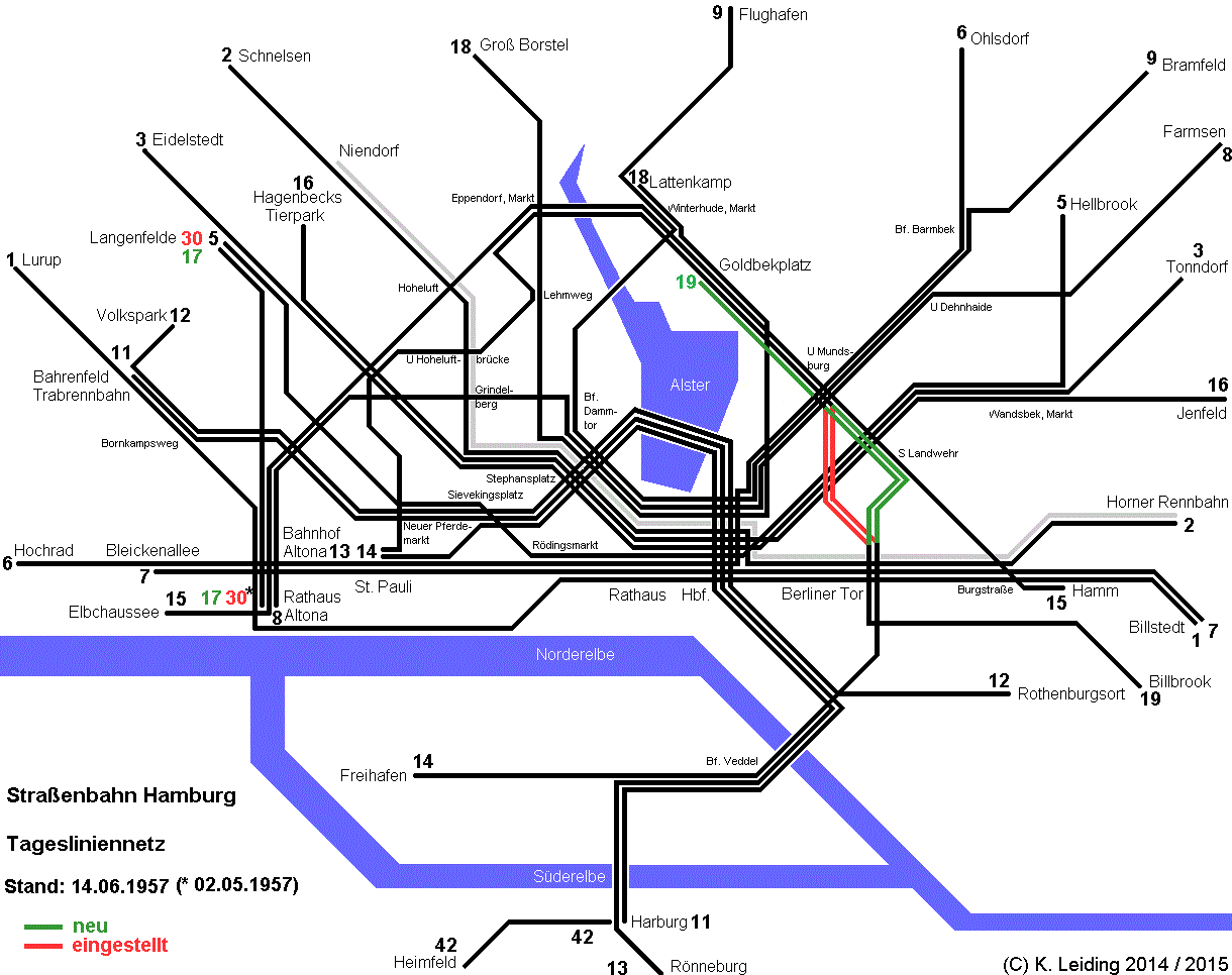 Liniennetzplan der Hamburger Straßenbahn am 14. Juni 1957.
