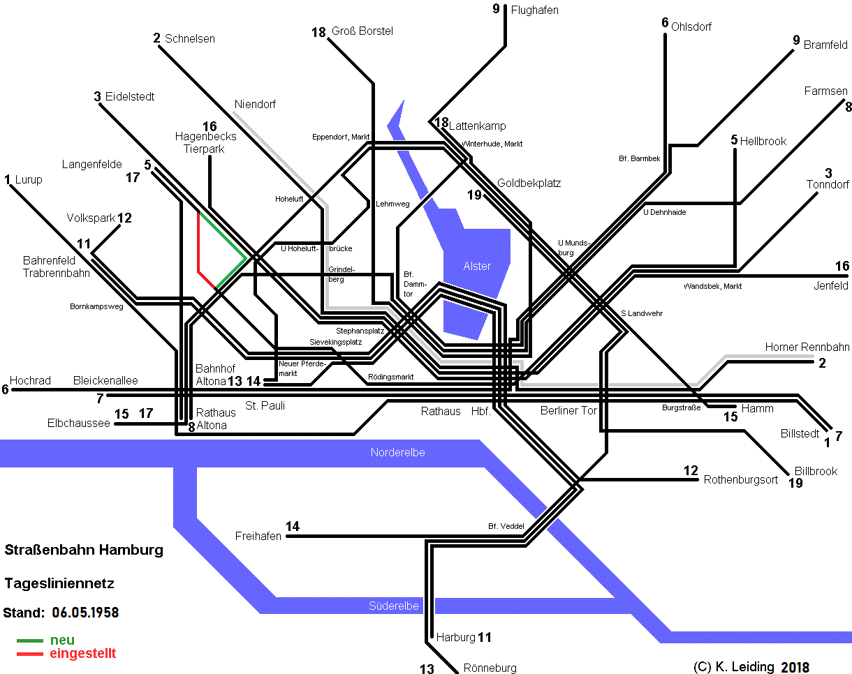 Liniennetzplan der Hamburger Straßenbahn am 06. Mai 1958.