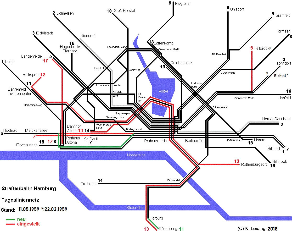 Liniennetzplan der Hamburger Straßenbahn am 11. Mai 1959.