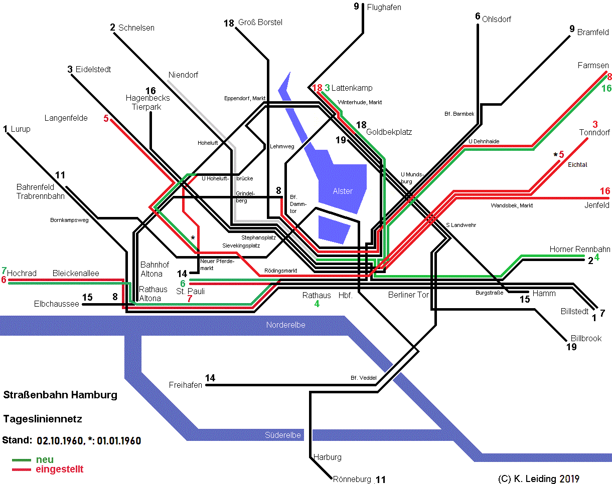 Liniennetzplan der Hamburger Straßenbahn am 02. Oktober 1960.