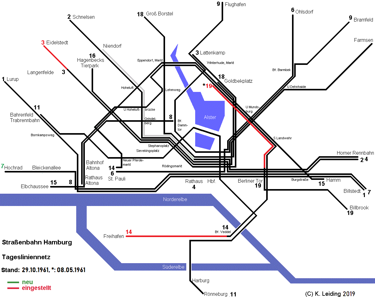 Liniennetzplan der Hamburger Straßenbahn am 29. Oktober 1961.