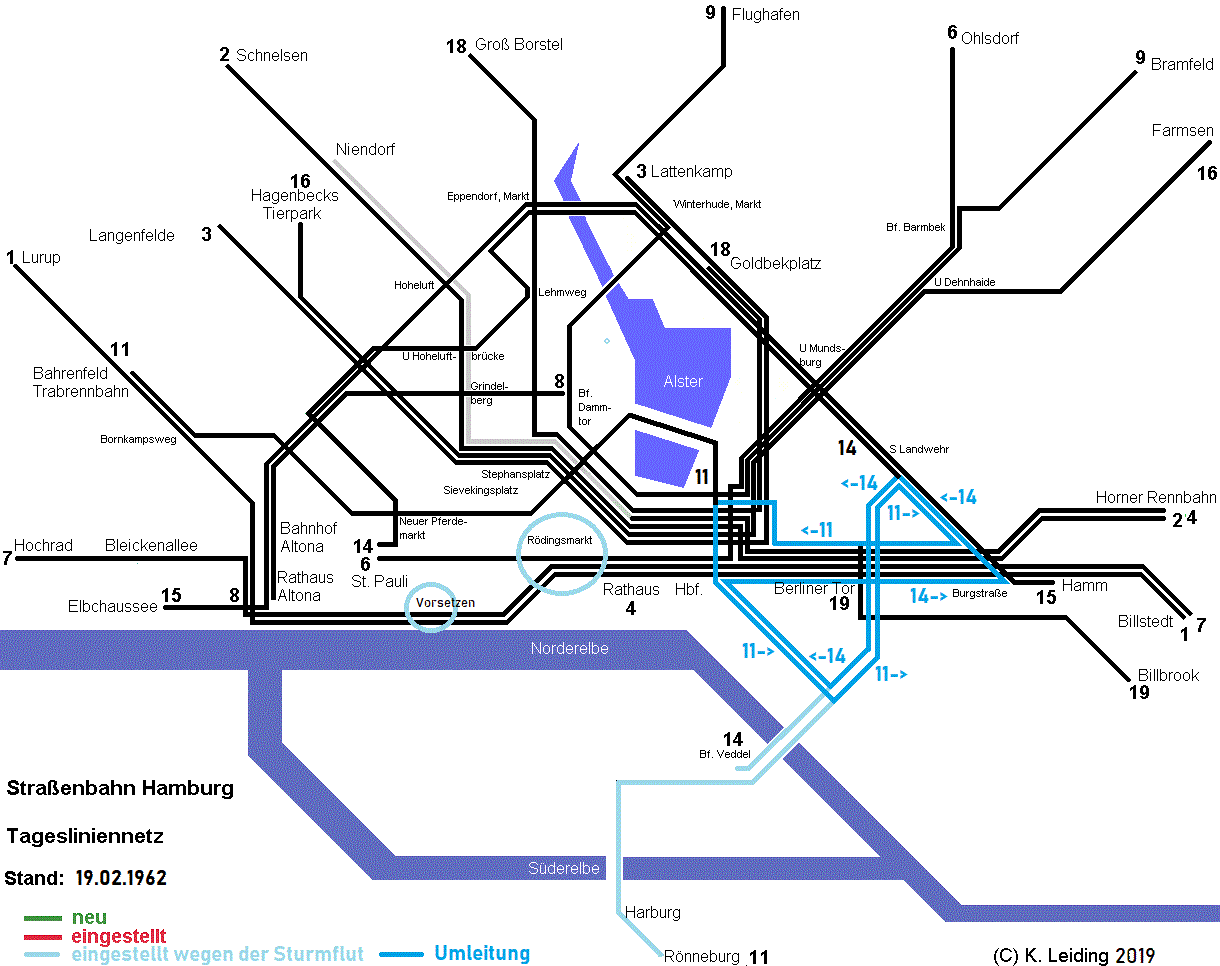 Liniennetzplan der Hamburger Straßenbahn am 19. Februar 1962.