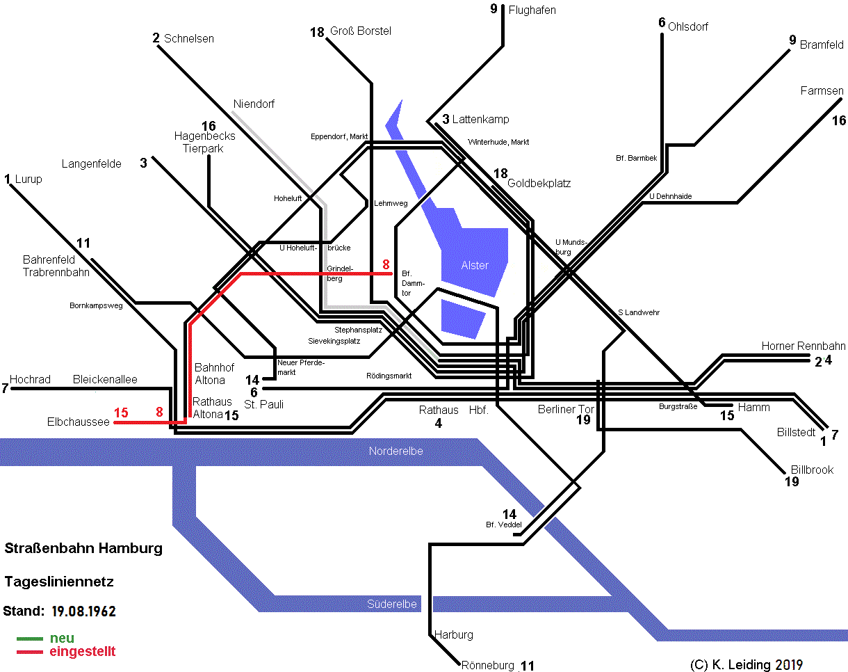 Liniennetzplan der Hamburger Straßenbahn am 19. August 1962.