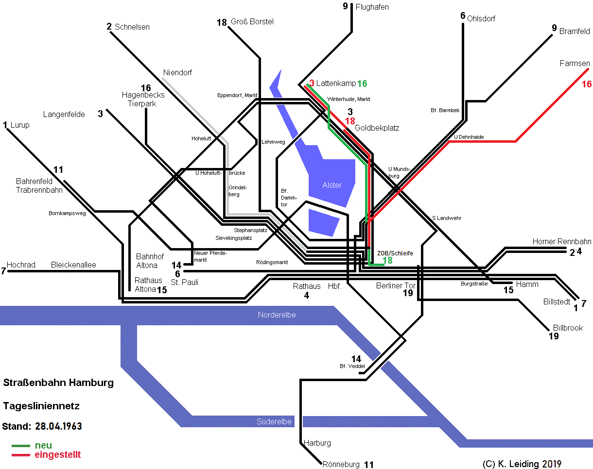 Liniennetzplan der Hamburger Straßenbahn am 28. April 1963.