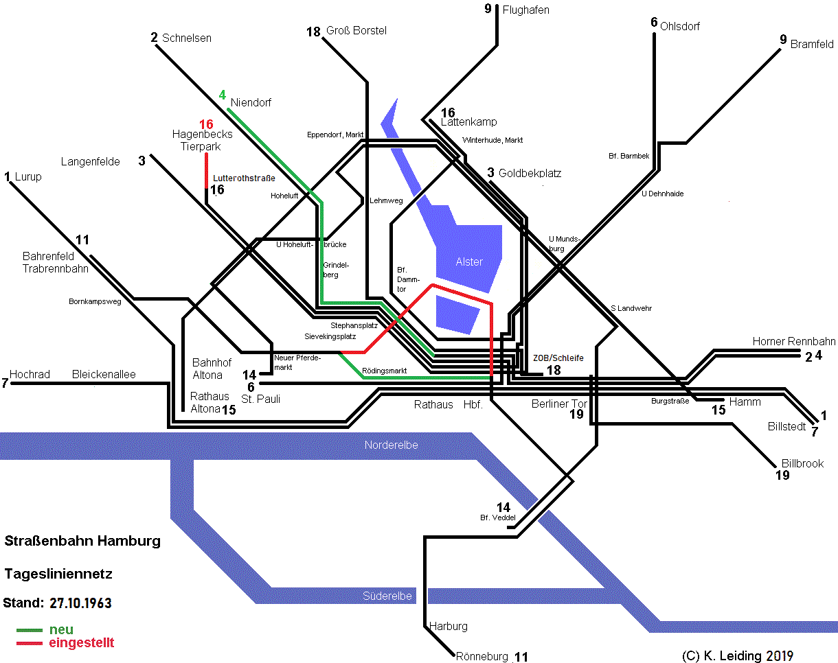 Liniennetzplan der Hamburger Straßenbahn am 27. Oktober 1963.