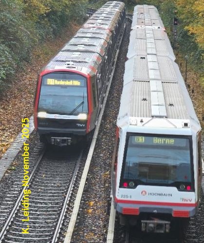 Zwei Z&uuml;ge der Linie U1 kurz vor Garstedt.